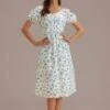 Floral Short Balloon Sleeve Sweetheart Neck Knit Textured Midi Dress -Women Dress Shop brld3020907 1