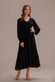 Black Long Sleeve V Neck Smocked Maxi Dress