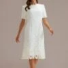 White Lace Short Sleeve Round Neck Midi Dress -Women Dress Shop brld3021604 1