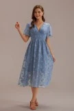 Blue Textured Floral Short Sleeve Deep V Neck Midi Dress