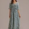 Olive Floral Half Sleeve V Neck Smocked Tie Waist Maxi Dress With Pockets