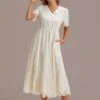 Cream Lace Short Sleeve V Neck Midi Dress With Pockets -Women Dress Shop brld3030202 1