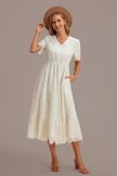 Cream Lace Short Sleeve V Neck Midi Dress With Pockets