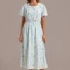 Multi Floral Short Sleeve Round Neck Elastic Waist Midi Dress -Women Dress Shop brld3030203 1