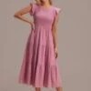 Short Ruffle Sleeve Round Neck Smocked Tiered Midi Dress -Women Dress Shop brld3030903 1