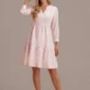Pink Floral V Neck Long Sleeve Tiered Midi Dress -Women Dress Shop brld3032304 5