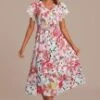 Red Floral V Neck Short Sleeve Tiered Midi Dress