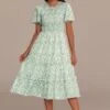 Light Green Floral Round Neck Short Sleeve Smocked Tiered Midi Dress -Women Dress Shop brld3033004 1