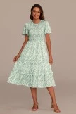 Light Green Floral Round Neck Short Sleeve Smocked Tiered Midi Dress