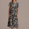 Black Floral Round Neck Short Sleeve Midi Dress