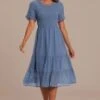 Blue Round Neck Short Sleeve Swiss Dots Smocked Tiered Midi Dress -Women Dress Shop brld3041301 1 1
