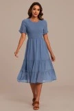 Blue Round Neck Short Sleeve Swiss Dots Smocked Tiered Midi Dress