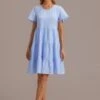 Blue Short Sleeve Round Neck Tiered Mini Dress -Women Dress Shop brld3041303 1