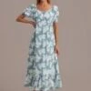 Tropical Green Short Puff Sleeve Scoop Neck Maxi Dress -Women Dress Shop brld3041304 1