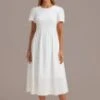 White Short Sleeve Round Neck Smocked Midi Dress -Women Dress Shop brld3042004 1