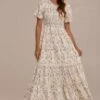 Floral Round Neck Short Sleeve Smocked Tiered Midi Dress -Women Dress Shop brld3050403 1