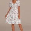White Floral Short Sleeve V Neck Smocked Mini Dress -Women Dress Shop brld3050404 1