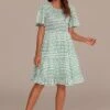 Green Polka Dot Short Sleeve Round Neck Smocked Tiered Mini Dress -Women Dress Shop brld3050407 1