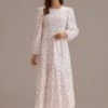 Ivory Floral Long Sleeve Round Neck Smocked Tiered Maxi Dress -Women Dress Shop brld305077 1