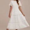 White Short Sleeve Ruffle Neck Smocked Tiered Maxi Dress -Women Dress Shop brld3051802 1