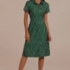 Green Floral Short Sleeve Collared Neck Buttons Midi Dress -Women Dress Shop brld3052501 1