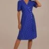 Blue Polka Dots Short Sleeve Cross V Neck Buttons Midi Dress -Women Dress Shop brld3052506 1