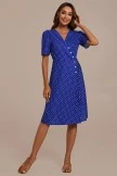 Blue Polka Dots Short Sleeve Cross V Neck Buttons Midi Dress