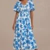 Blue Floral Short Sleeve V Neck Smocked Midi Dress