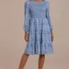 Blue Floral Long Sleeve Round Neck Smocked Midi Dress