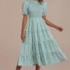 Floral Short Sleeve High Neck Smocked Midi Dress -Women Dress Shop brld3060103 1