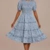 Blue Floral Short Sleeve High Ruffle Neck Smocked Tiered Midi Dress -Women Dress Shop brld3060105 5