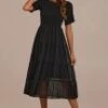 Black Short Sleeve High Ruffle Neck Swiss Dots Lace Smocked Midi Dress -Women Dress Shop brld3060106 3