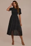Black Short Sleeve High Ruffle Neck Swiss Dots Lace Smocked Midi Dress