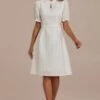 White Textured Puff Sleeve Midi Dress -Women Dress Shop brld3060806 1
