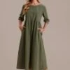 Green 3/4 Length Balloon Sleeve Round Neck Pocketed Midi Dress -Women Dress Shop brld3070704 1