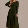 Green Lantern Sleeve Round Neck Smocked Maxi Dress -Women Dress Shop brld3070706 1