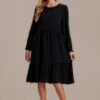 Black Long Sleeve Round Neck Midi Dress -Women Dress Shop brld3071302 1