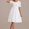 White Short Puff Sleeve Square Neck Smocked Midi Dress -Women Dress Shop brld3071303 1