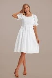 White Short Puff Sleeve Square Neck Smocked Midi Dress