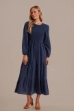 Blue Long Sleeve Round Neck Smocked Tiered Maxi Dress 5 Blue Long Sleeve Round Neck Smocked Tiered Maxi Dress - Image 3