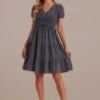 Black Short Sleeve V Neck Smocked Tiered Mini Dress -Women Dress Shop brld3071305 1