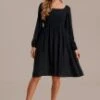 Black Long Sleeve Square Neck Smocked Midi Dress -Women Dress Shop brld3072701 1