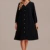 Black Long Balloon Sleeve V Neck Button Front Midi Dress -Women Dress Shop brld3072703 1