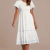 White Embroidery Short Ruffle Sleeve Round Neck Smocked Midi Dress -Women Dress Shop brld3101202 1 1