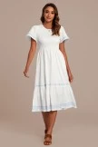 White Embroidery Short Ruffle Sleeve Round Neck Smocked Midi Dress