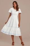 White Embroidery Short Ruffle Sleeve Round Neck Smocked Midi Dress 5 White Embroidery Short Ruffle Sleeve Round Neck Smocked Midi Dress - Image 3
