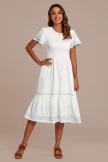 White Embroidery Short Ruffle Sleeve Round Neck Smocked Midi Dress 6 White Embroidery Short Ruffle Sleeve Round Neck Smocked Midi Dress - Image 4