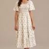 Ivory Floral Lace Short Sleeve Square Neck Smocked Midi Dress -Women Dress Shop brld3101203 1