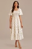 Ivory Floral Lace Short Sleeve Square Neck Smocked Midi Dress