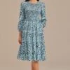 Black Floral 3/4 Sleeve Round Neck Smocked Tiered Midi Dress